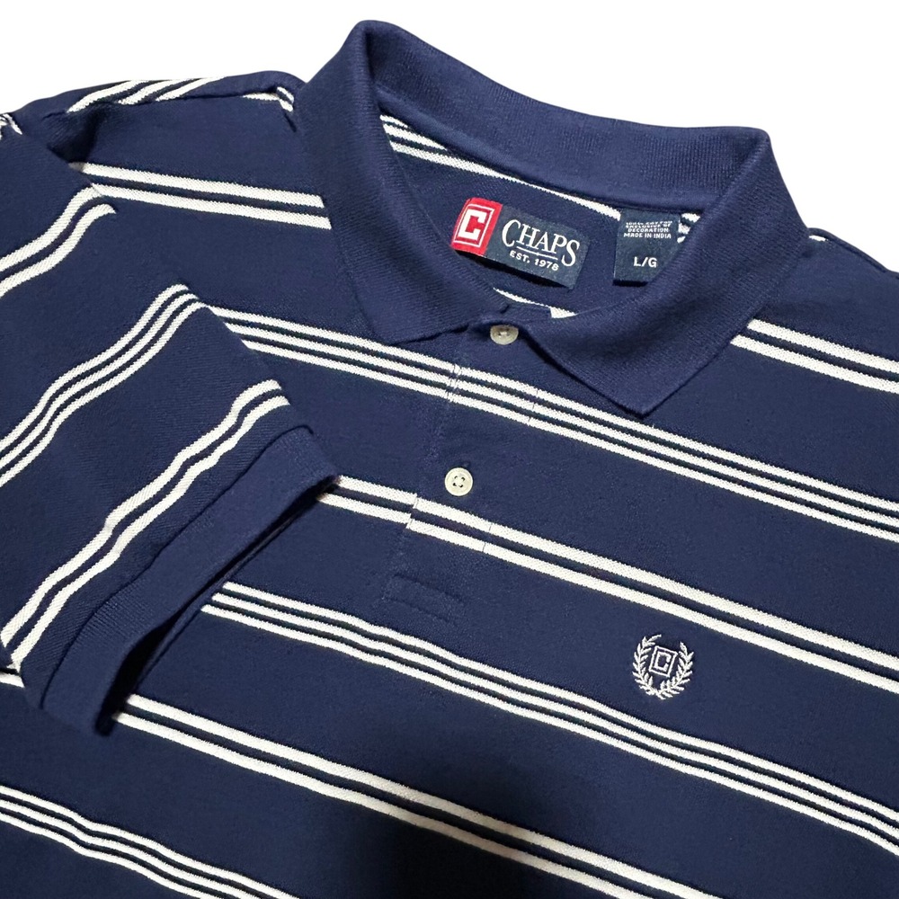 CHAPS‎ Men's Polo Shirt L/G Navy White Stripe Cotton Crest Logo Made in India